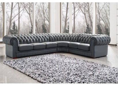 Изысканный кожаный серый угловой диван честерфилд 