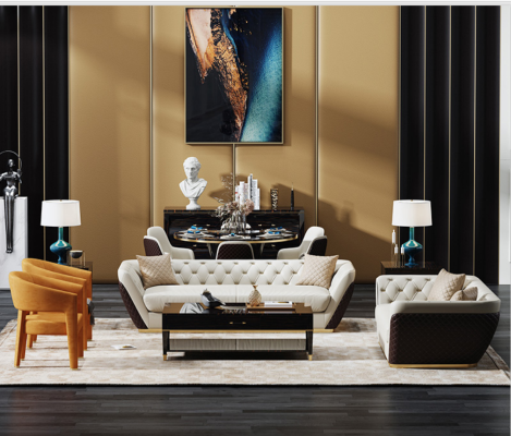 Восхитительный комплект диванов Честерфилд 3+2 в двухцветной кожаной обивке