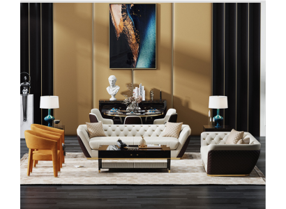 Восхитительный комплект диванов Честерфилд 3+2 в двухцветной кожаной обивке