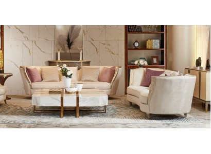 Восхитительный комплект мягких диванов 4+4 из бежевого текстиля на ножках для гостиной