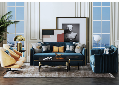 Восхитительный комплект диванов 3+2 темно-синего цвета с золотыми вставками