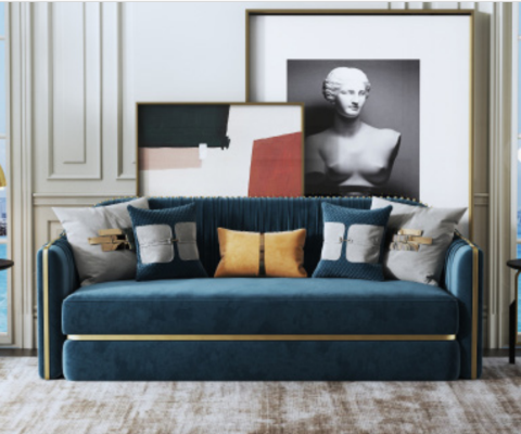 Восхитительный комплект диванов 3+2 темно-синего цвета с золотыми вставками