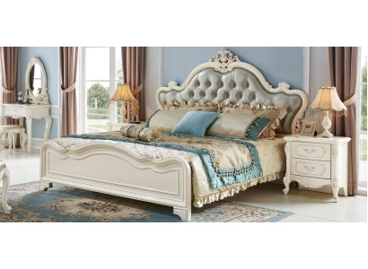 Классическая двуспальная кровать Честерфилд из белого дерева и кожи