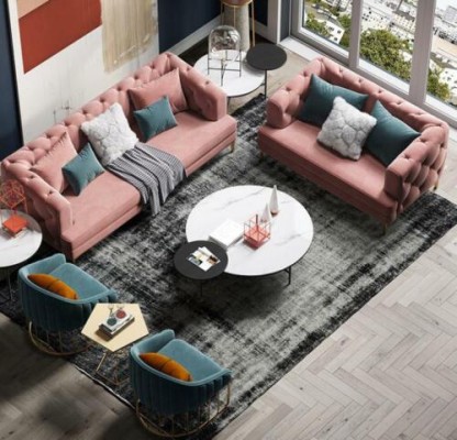 Pink Chesterfield Living landscape Designer Couches Lounge Sofas 3+2 Seater Set