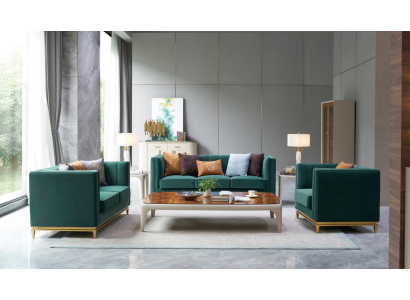 Элегантный комплект диванов 3+2+1 в зеленой кожаной обивке