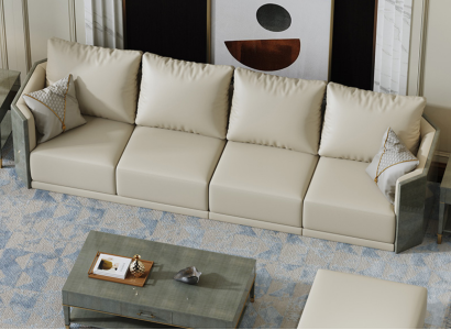 Элегантный кожаный диван в молочном цвете в современном стиле