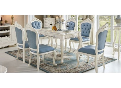 Потрясающий комплект классических стульев честерфилд  из дерева и кожи в бело-голубом цвете