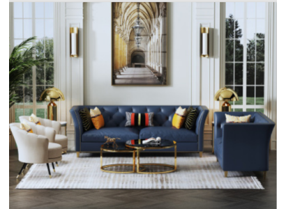 Классический комплект кожаных диванов Честерфилд 3+2 с золотой фурнитурой