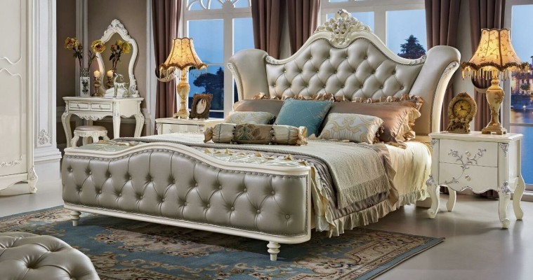 Design Bedroom Set 6 pcs. Baroque Bed Bedside table Wardrobe Solid wood