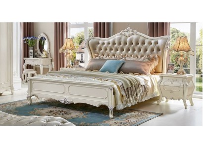Дизайнерская двуспальная кровать честерфилд из дерева с кожаным изголовьем