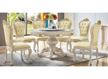 Изысканный обеденный стол + 6 стульев из белого дерева и кожи в классическом стиле