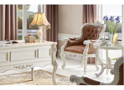 Дизайнерское классическое кресло честерфилд из белого дерева и коричневой кожи