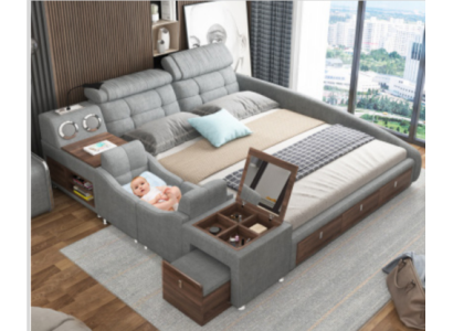  Шикарная многофункциональная кровать 180x200 из серой кожи с деревянными полочками