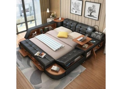  Шикарная кожаная многофункциональная кровать черного цвета с деревянными элементами