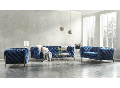Изысканный дизайнерский диванный гарнитур честерфилд из кожи в синем цвете