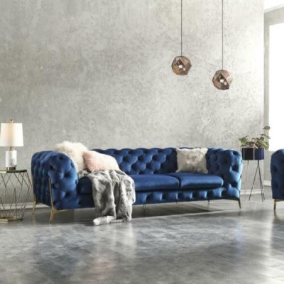 Большой 3-х местный кожаный диван честерфилд в синем цвете