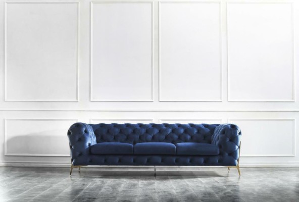 Большой 3-х местный кожаный диван честерфилд в синем цвете
