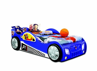 Восхитительная голубая кровать в виде гоночного автомобиля с матрасом