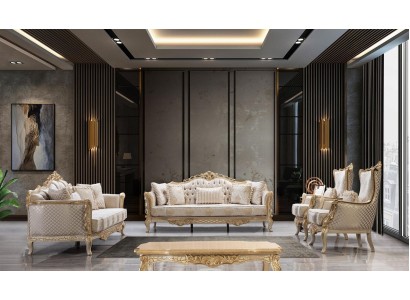 Изысканный стильный комплект классических честерфилд диванов с роскошными элементами золотого цвета