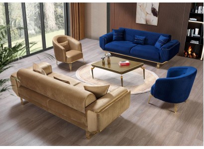 Роскошный сине-бежевый диванный гарнитур с элегантными золотыми ножками