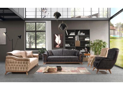 Роскошный дизайнерский серо-бежевый диванный комплект в современном стиле с деревянными ножками для гостиной