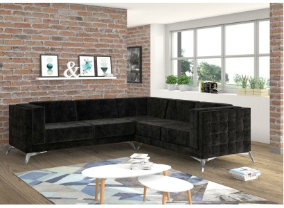 Schwarze Samt Design Ecksofa Chesterfield Sofa Couch Wohnlandschaft Stoff Sitz