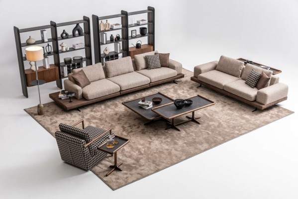 Brown Textile Sofa Set Living room Couche Three Seater Luxury Wooden Furniture