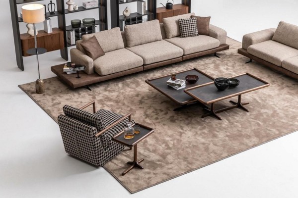 Brown Textile Sofa Set Living room Couche Three Seater Luxury Wooden Furniture