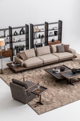 Brown Textile Sofa Set Living room Couche Three Seater Luxury Wooden Furniture