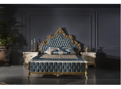 Klassisches Chesterfield Bett Schlafzimmer Set Blau 2x Nachttische Gold 3tlg.