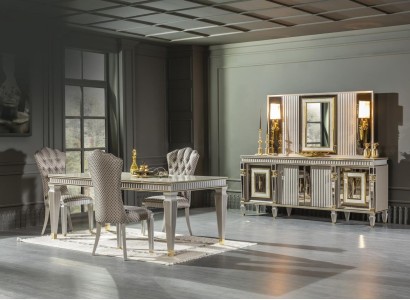 Esszimmer Set Grau 4x Stühle Esstisch Anrichte Spiegel Elegantes Design 7tlg.