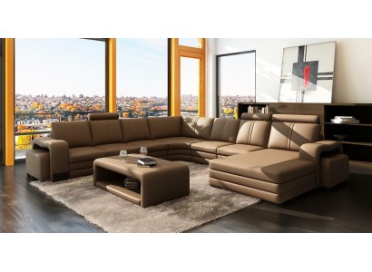 Большой мягкий дизайнерский кожаный диван U-образной формы с пуфиков и кофейным столиком