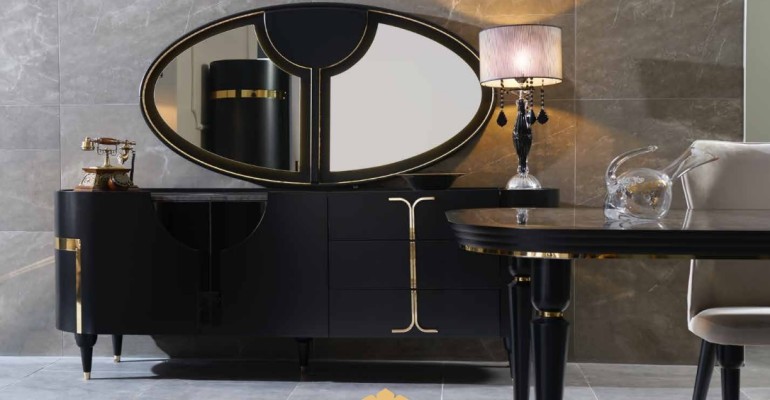 Безупречный стильный комод с золотыми элементами и овальным зеркалом