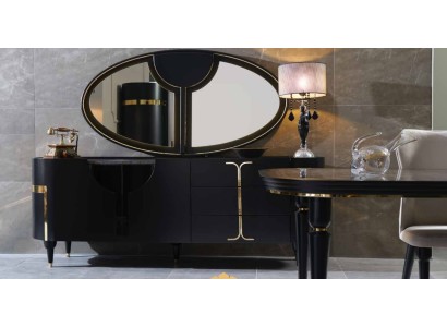 Безупречный стильный комод с золотыми элементами и овальным зеркалом