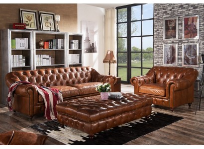 Винтажный кожаный комплект диванов 3+1 в роскошном стиле Честерфилд
