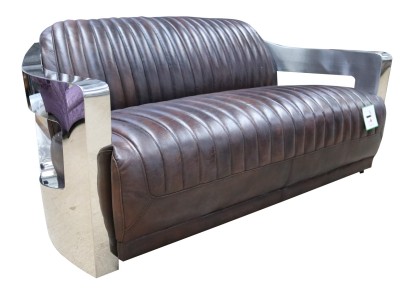 Винтажный 3-х местный кожаный диван с алюминиевыми вставками