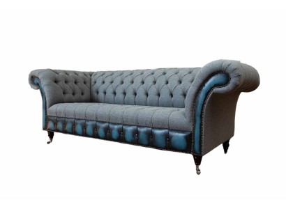 Дизайнерский трехместный диван в стиле Честерфилд в серо-голубом цвете
