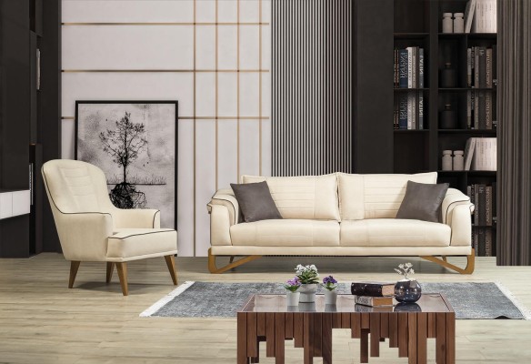 Sofagarnitur Set Beige mit Holzgestell 3+1 Sitzer Couchen Garnituren Möbel