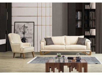 Sofagarnitur Set Beige mit Holzgestell 3+1 Sitzer Couchen Garnituren Möbel