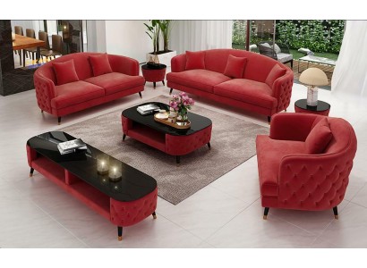 Гостиный кожаный комплект дивана 3+2+1 в современным стиле Честерфилд 