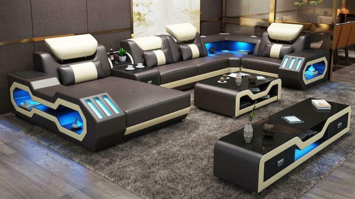 Mega große Wohnlandschaft - Beleuchtungs System Sofa Polster Neu Couch