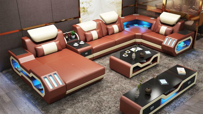 Mega große Wohnlandschaft - Beleuchtungs System Sofa Polster Neu Couch