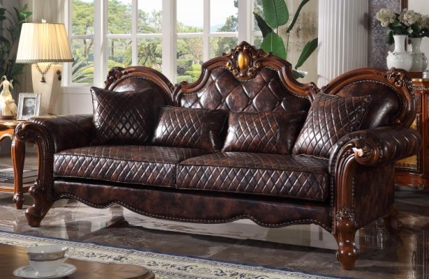 Carved Baroque Living room Furniture Sofa Leather Couch Three Seater Seat