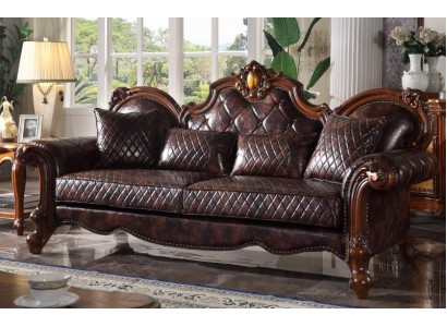 Carved Baroque Living room Furniture Sofa Leather Couch Three Seater Seat