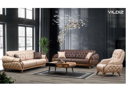 Превосходный комплект 3+3+1 из 2-х трехместных диванов и кресла Честерфилд в бежевом и коричневом цветах