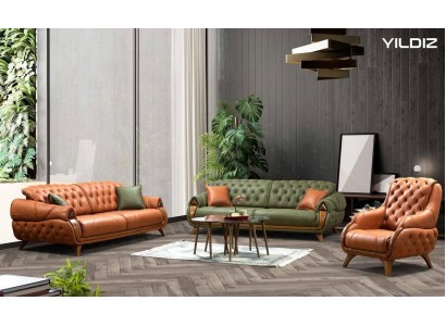 Стильный комплект диванов 3+3 Честерфилд из 2-х трехместных диванов в зеленом и оранжевом цветах