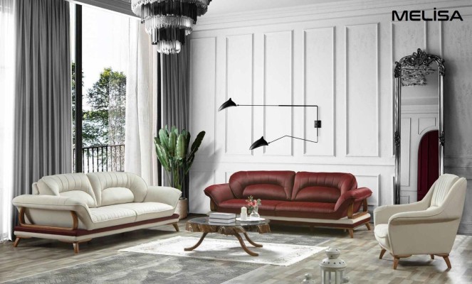 Бело-бордовый комплект роскошных диванов 3+3+1 из 2-х трехместных диванов и кресла