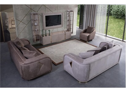 Диванный комплект в бело-коричневом цвете 3+3+1 из 2-х трехместных диванов и кресла + шкаф для телевизора