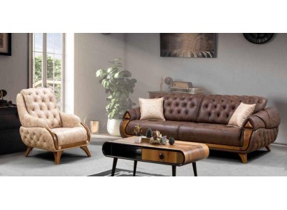 Дизайнерский диванный гарнитур Честерфилд 3+1 из трехместного дивана коричневого цвета и кресла бежевого цвета
