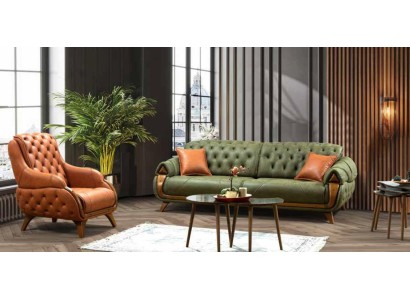 Дизайнерский диванный гарнитур Честерфилд 3+1 из трехместного дивана в благородном зеленом цвете и кресла в оранжевом цвете